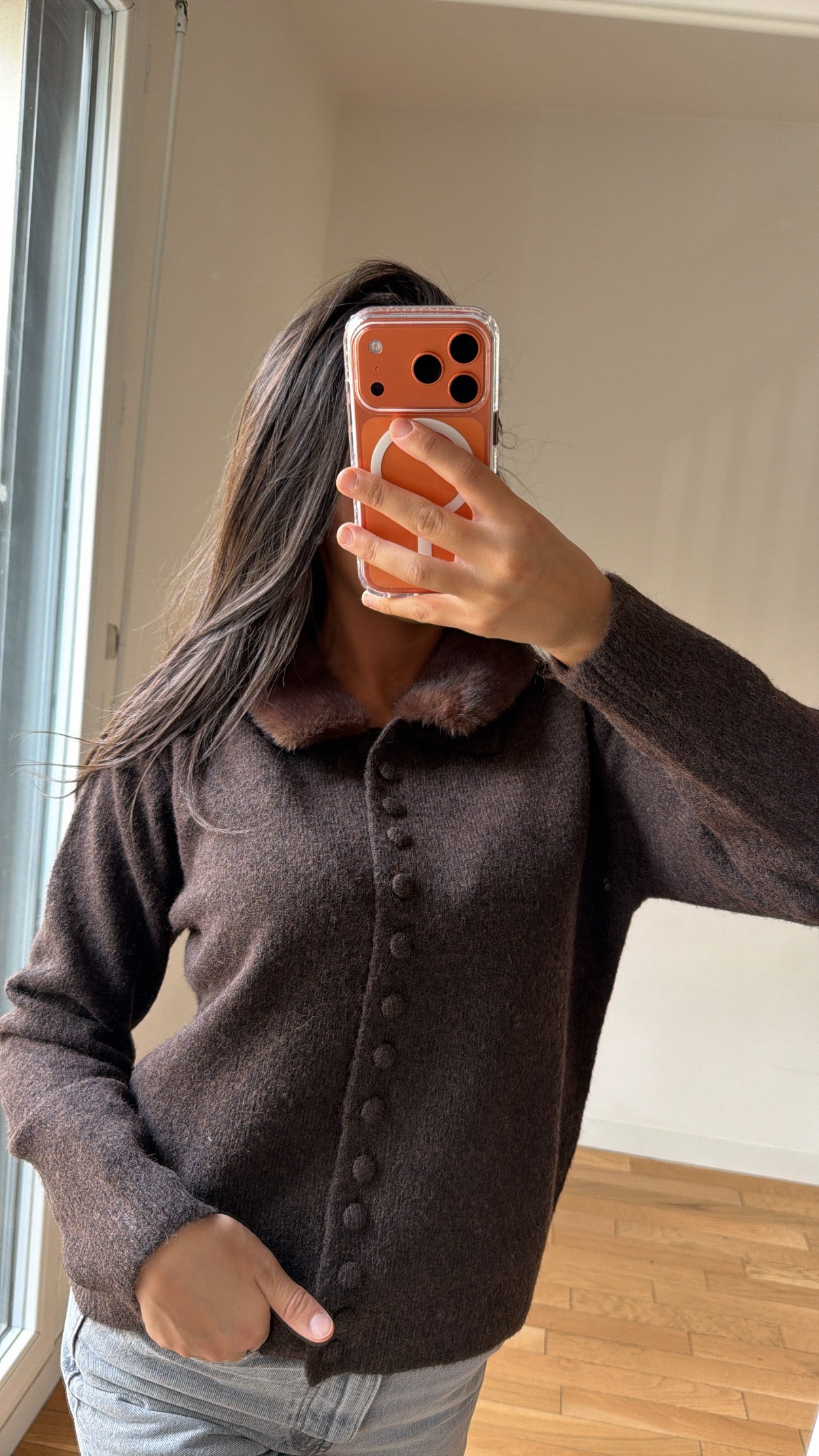 Gilet avec col fourrure marron