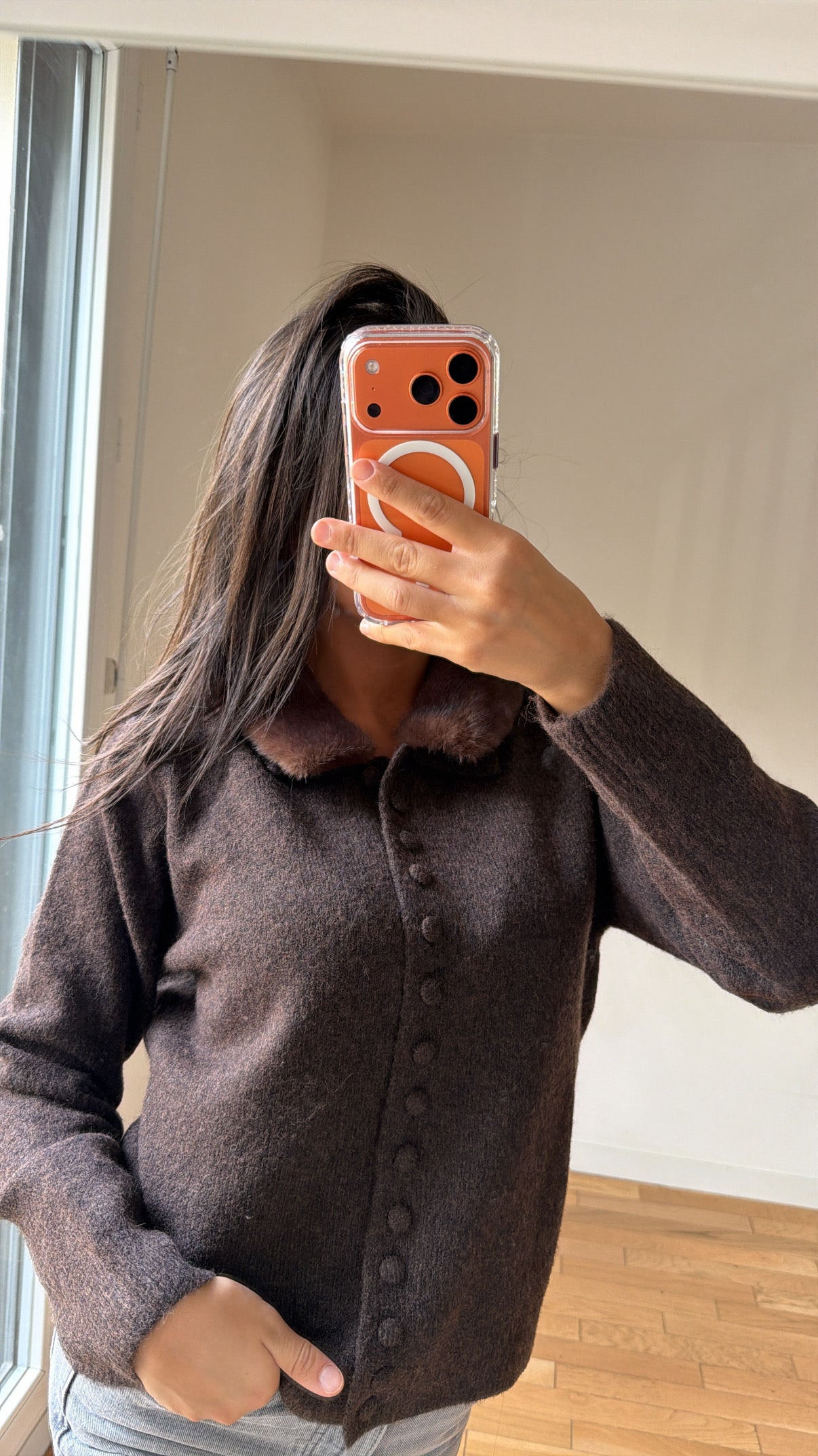 Gilet avec col fourrure marron