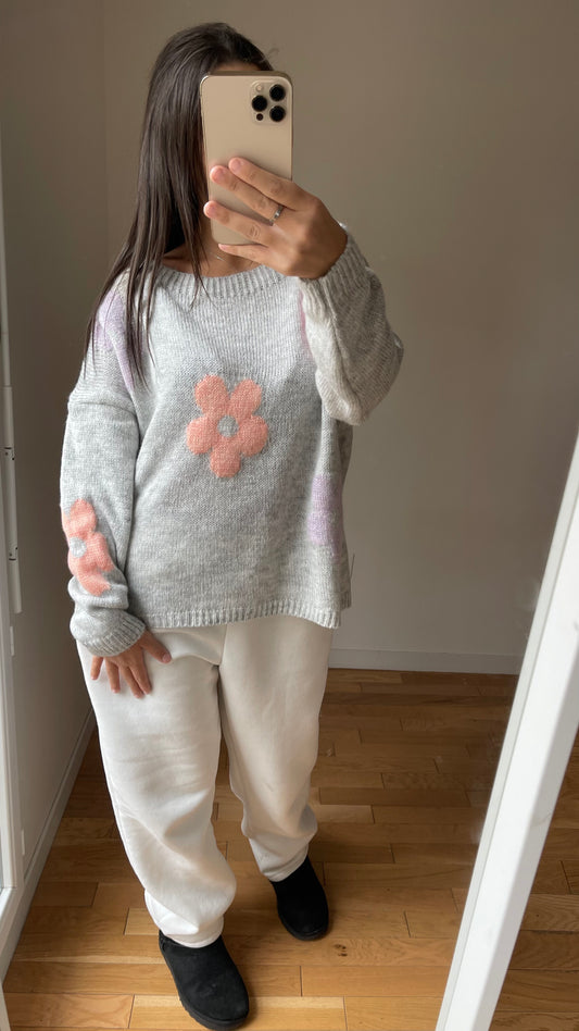 Pull fleur gris