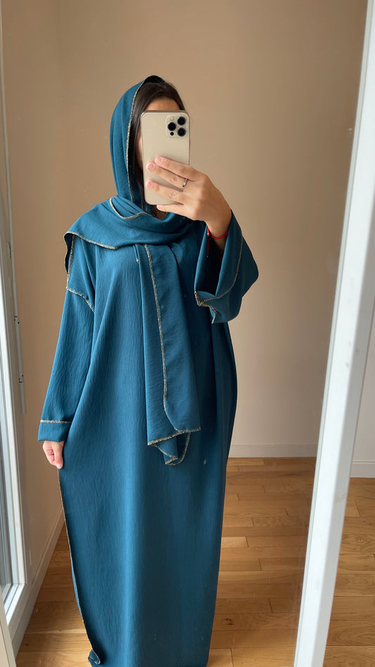 Abaya hijab integré bleu