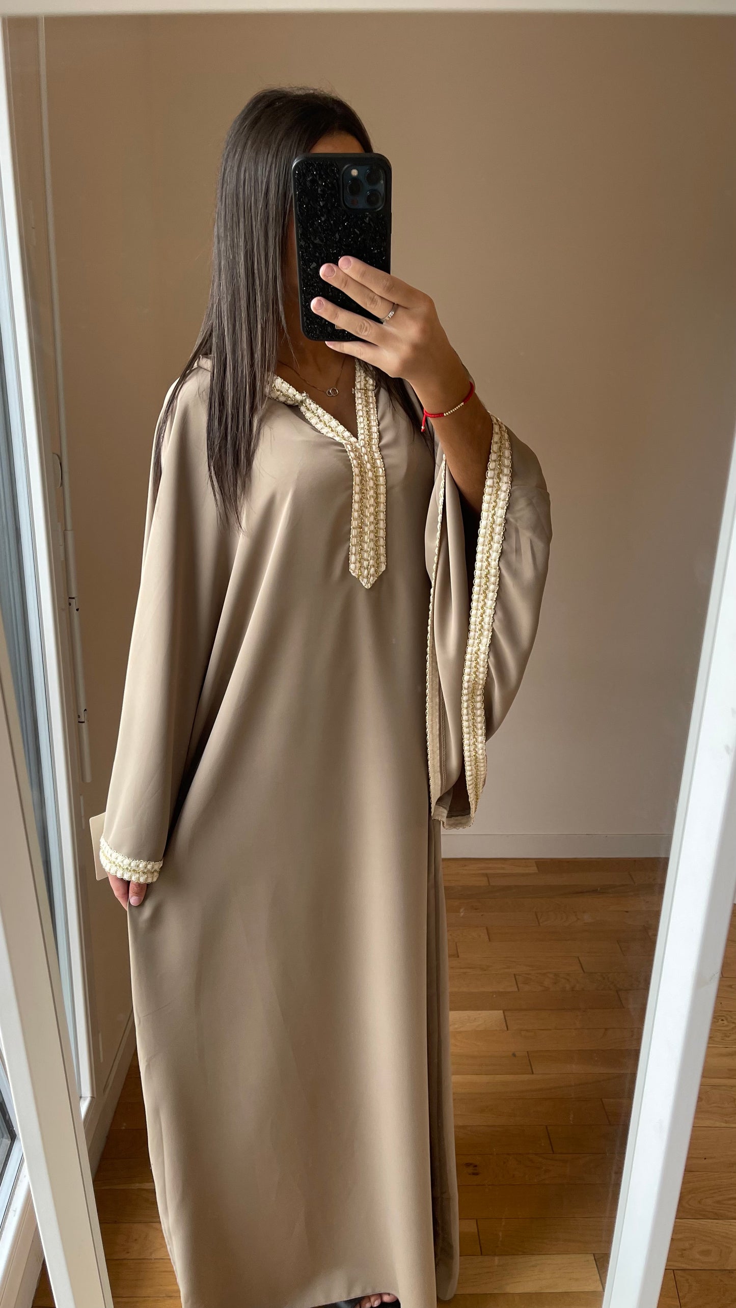 Abaya oiseau taupe avec capuche