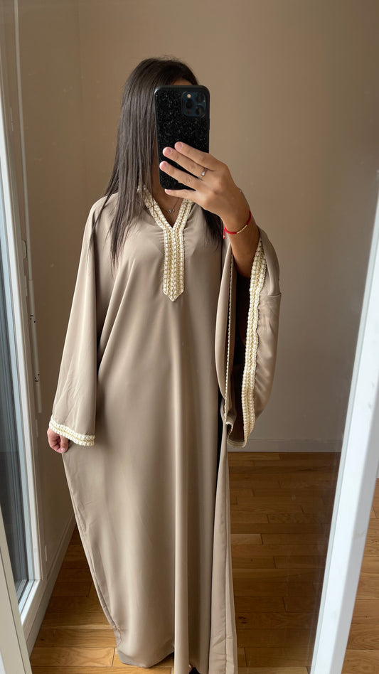 Abaya oiseau taupe avec capuche